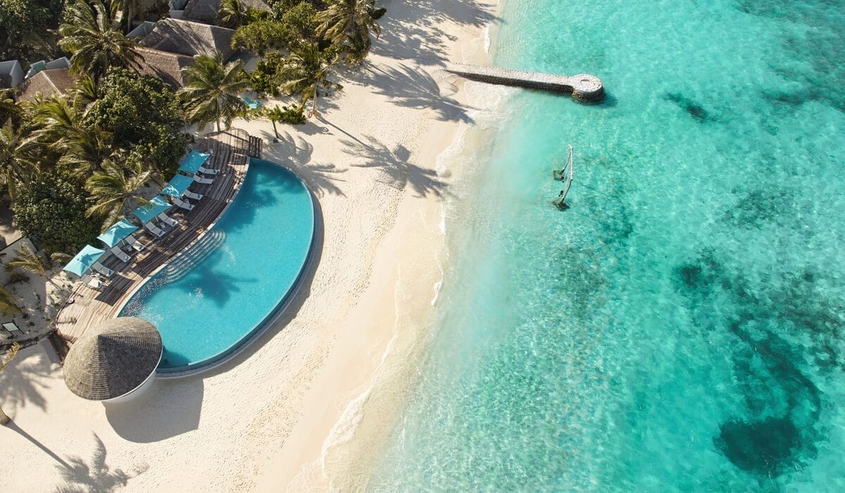 Aerial view of Solis Pool Bar over looking the ocean at Nova Maldives