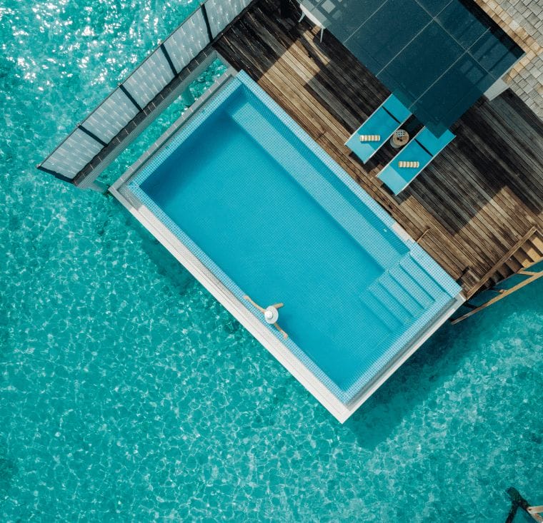 Aerial of water villa with private pool at Nova Maldives