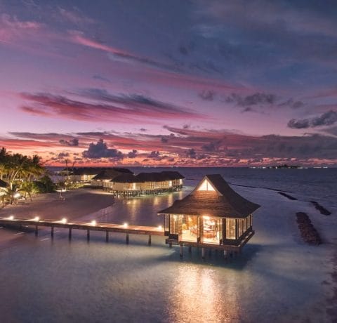 Teppanyaki restaurant at Nova, "Mizu" aerial exterior at sunset