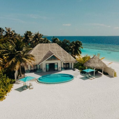 Aerial of the a villa with Private Pool on the beach at Nova Maldives