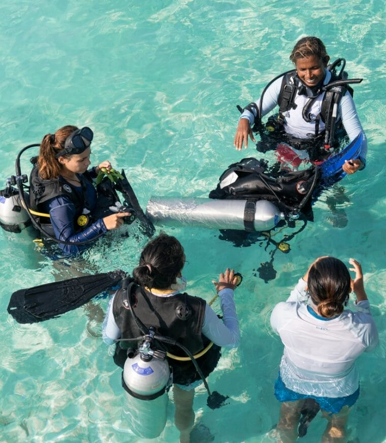 Scuba diving group in shallow water receiving instructions from a guide.