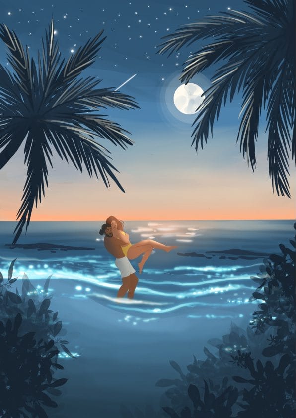 Digital illustration of a man carrying a woman in the water, under the moonlight