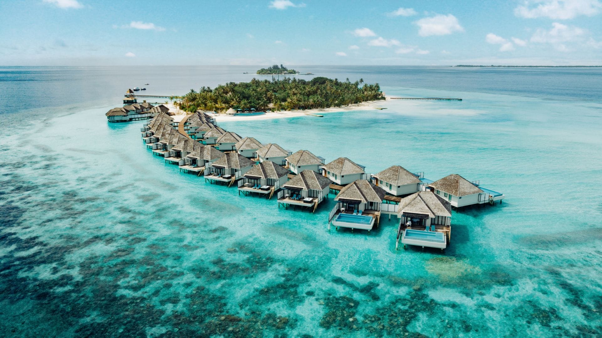 Aerial of water villas at Nova Maldives