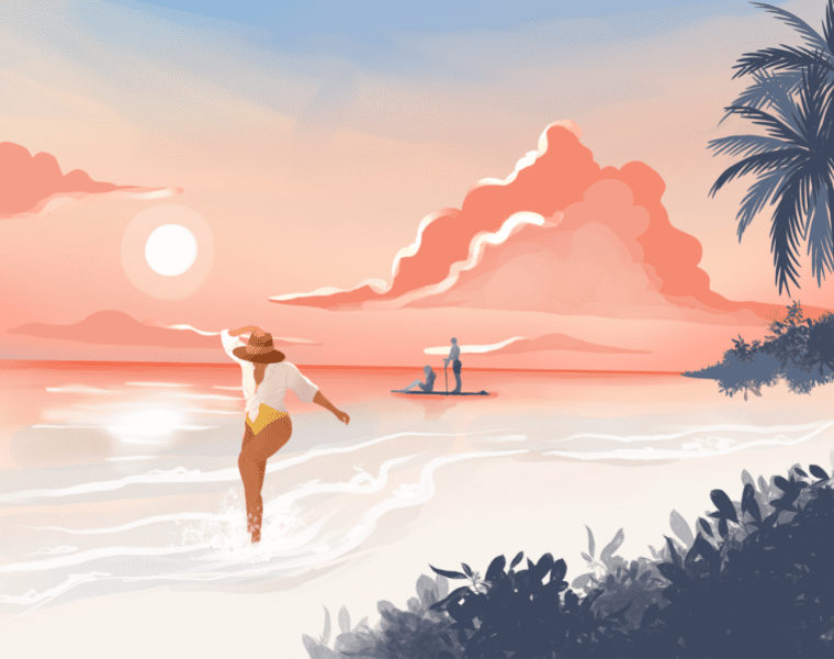 An illustration of a woman in a hat walking in the lagoon during sunset