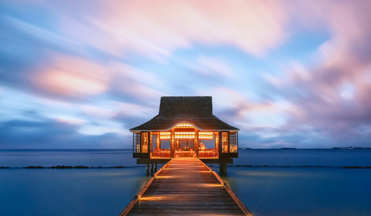 Teppanyaki restaurant at Nova, "Mizu" exterior at sunset