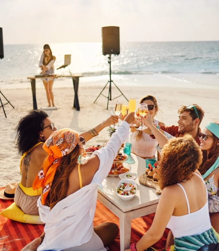Friends celebrating with drinks and food on a deck by the ocean during sunset with DJ playing in the background