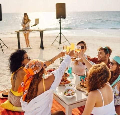 Friends celebrating with drinks and food on a deck by the ocean during sunset with DJ playing in the background